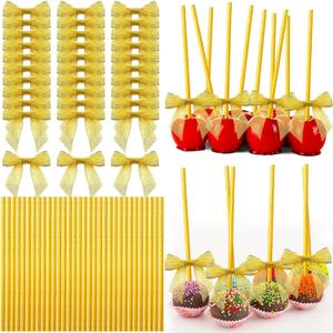 Jutom 200 Pcs Cake Pop Sticks and Bows Kit Include 100 Ribbon Twist Tie Bows 100 Paper Striped Straws for Cake Pops Candies Lollipops Chocolates Cookies Decorating Party Supplies(Gold)