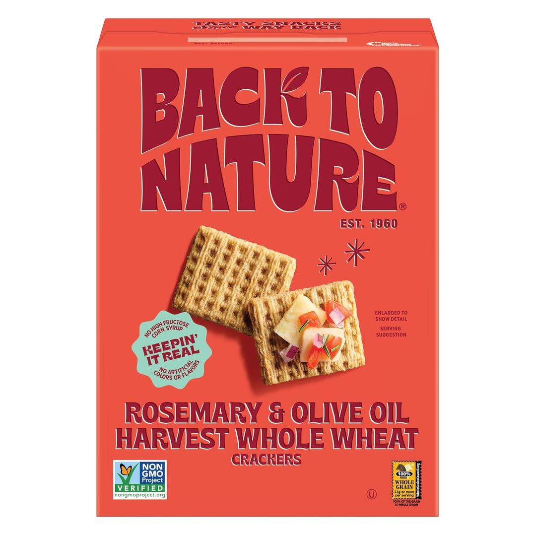 Back to Nature Rosemary & Olive Oil Harvest Whole Wheat Crackers, Non-GMO, Plant-Based Snack, Made with Whole Grain Wheat & Sea Salt, 7 oz Box (BBD 05/29/26)