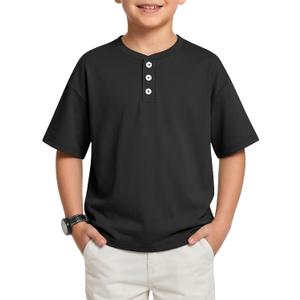 Boys Short Sleeve Shirts | Henley Tees, Oversized, for Kids, Loose, Casual, Summer, Button, Basic Tops, Classic, Cute, Size 5-6 Years (Black)