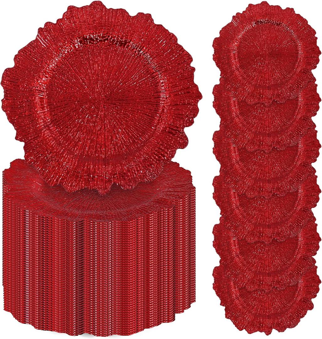 100 Pcs Red Charger Plates Bulk, 13" Reef Plate Chargers, Plastic Floral Decorative Plates for Table Setting, Round Table Chargers for Wedding, Christmas, Party, Event, Decoration