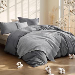 Bedsure 5 Pieces Cotton Comforter Set with Waffle Throw Blanket - Soft Breathable Bedding Set for All Seasons, Dark Grey Queen Comforter, Pillow Shams, Grey 100% Cotton Blanket, Throw Pillow