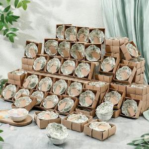 SiliFine 96 Pcs Wedding Favors for Guests Small Ceramic Bowl Bulk Gifts Set 3.3 Inch Floral Design Mini Dipping Sauce Dish with Card Box for Bridal Pooja Baby Shower Birthday (Flower,Sage Green)