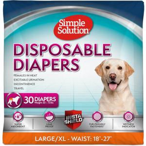Simple Solution Disposable Dog Diapers, Female Dog Diapers, Puppy Potty Training, Incontinence and Heat Cycle Protection, Large Diapers for Dogs, 18-27 Inch Waist, 30 Count (30 Count) Simple Solution Disposable Dog Diapers, Female Dog Diapers, Puppy Potty Training, Incontinence and Heat Cycle Protection, Large Diapers for Dogs, 18-27 Inch Waist, 30 Count (30 Count)