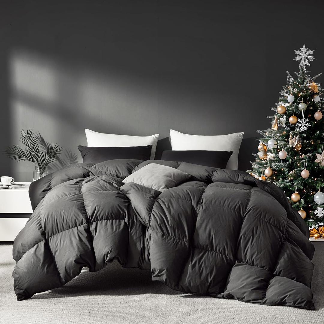 Grey Goose Feather Down Comforter Oversized King, Premium All Season Duvet Insert, 750+ Fill Power 1200TC Cotton Blend Fabric Hotel Style Comforter, 58 Oz Lightweight (116x96, Dark Grey)