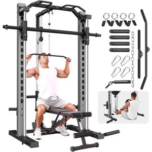 OPPSDECOR All-in-One Adjustable Smith Machine with LAT-Pull Down System Multi-Function Power Cage for Home Gym Cable Crossover Squat Rack of Workout Machine Training Equipment with Attachments (Grey)