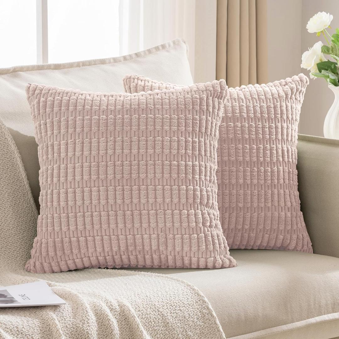 JELLYMONI 2 PCS Throw Pillow Covers, Corduroy Striped Decorative Pillows Cover for Farmhouse Boho Home Decor, Living Room Bed Sofa Couch Pillow Covers 16x16in, Pink