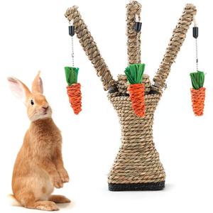 Hamiledyi Pet Rabbit Toy Tree Bunny Fun Chew Toy Rattan Grass Scratcher Climbing Tree Play Carrot Toy for Small Animal