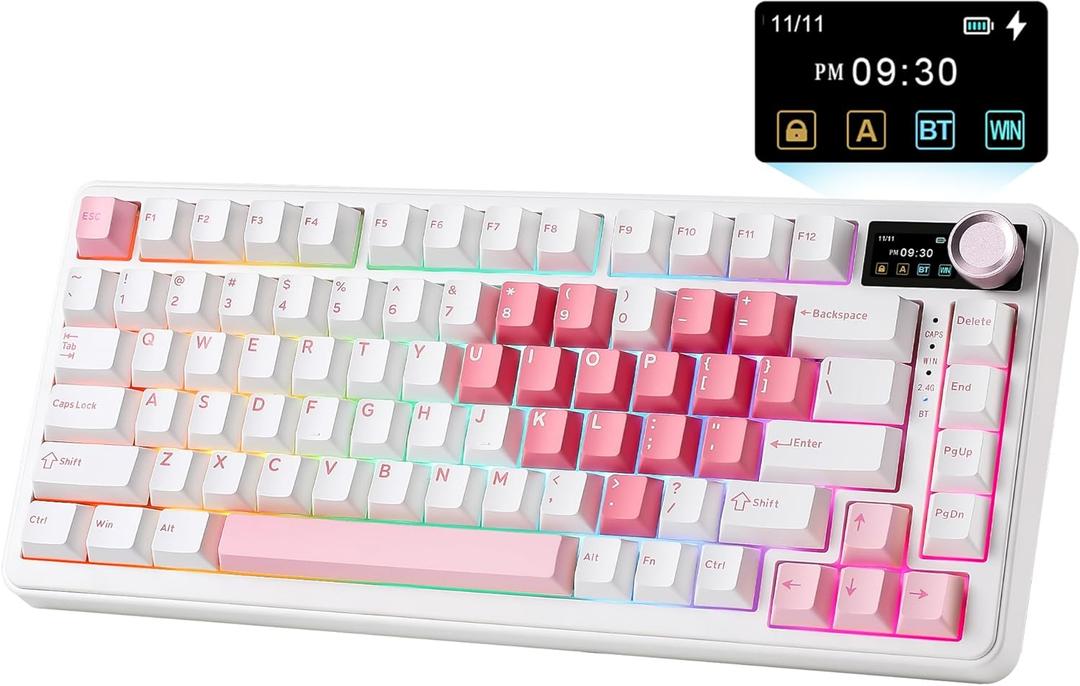 YUNZII B75 PRO MAX QMK/VIA Wireless Mechanical Keyboard,75% Layout with Screen and Knob,Hot Swap Gasket,Creamy Pre-lubed Switches,Bluetooth/Type-C/2.4G for Win/Mac(White Heart,Cocoa Cream V2 Switch)