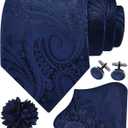 GUSLESON Paisley Tie Set for Men 3.15" Necktie Lapel Pin Hankerchief Cufflinks Set for Men (Blue)