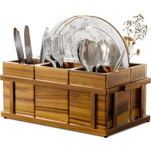 Acacia Silverware Caddy for Parties, Utensil Caddy with Paper Plate Dispenser, 4-Compartment Cutlery Flatware Organizer for Spoons, Forks, Napkins - Natural Wood Finish