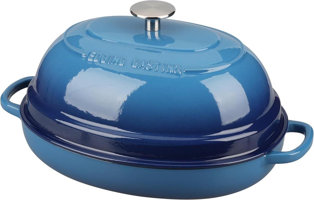 EDGING CASTING Enameled Oval Cast Iron Dutch Oven Pot with Lid, Bread Dutch Oven for Sourdough Bread Baking, Dutch Oven Bread, Bread Oven, 6QT, Lake Blue