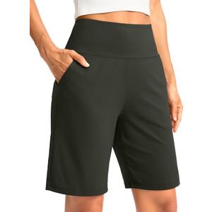 G Gradual Women's Bermuda Long Shorts with Pockets 9" High Waisted Knee Length Shorts for Women Walking Athletic Workout (Olive, XXL)