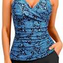 Women Tankini Swimsuits with Shorts - Two Piece Tummy Control Bathing Suits Top with Two Pockets Bottom Swimwear, M