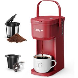 Tastyle Single Serve One Cup Coffee Maker, for K-Cups and Grounds, Mini Coffee Maker with Portable Handle, 6 to 12 Oz Brew Size, for Travel, Camping, Office, RV and Dorm, 120V, Vintage Red