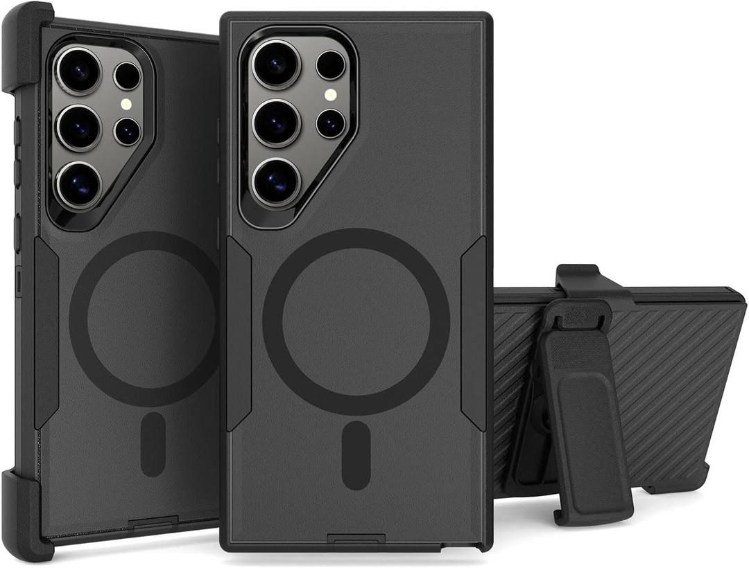 Designed for Samsung Galaxy S25 Ultra Case, Magnetic, Double Protection, Tough Durable, No Fading, No Yellowing,Non-Slip, Dustproof, Compatible with MagSafe, Detachable Back Clip, Black