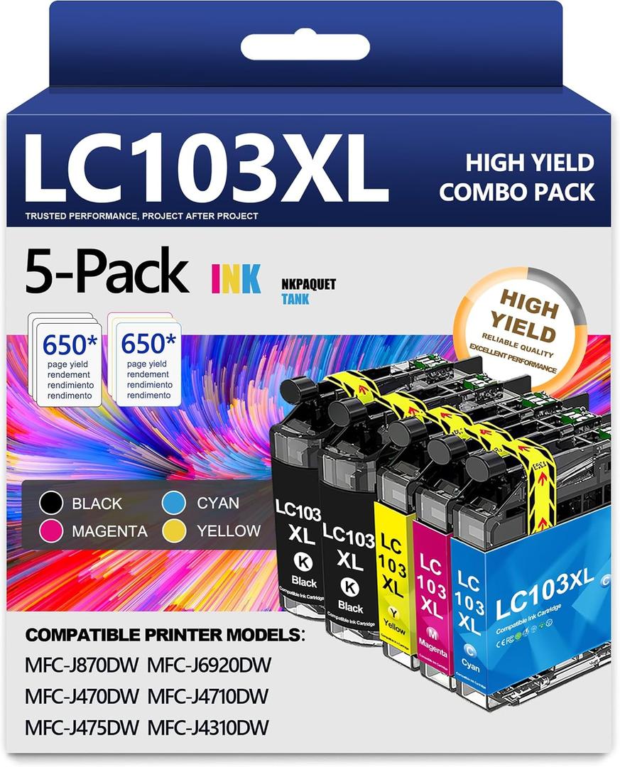 LC103XL LC103 103 Ink Cartridges High Yield Replacement for Brother LC103 XL LC103 LC101 Ink Work with MFC-J870DW MFC-J6920DW MFC-J6520DW MFC-J450DW MFC-J470DW(2 Black, 1 Cyan, 1 Magenta, 1 Yellow)