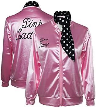 Lixinya Women's 50s Ladys Pink Satin Jacket Jacket with Neck Scarfs Halloween Cosplay Costume 2XL