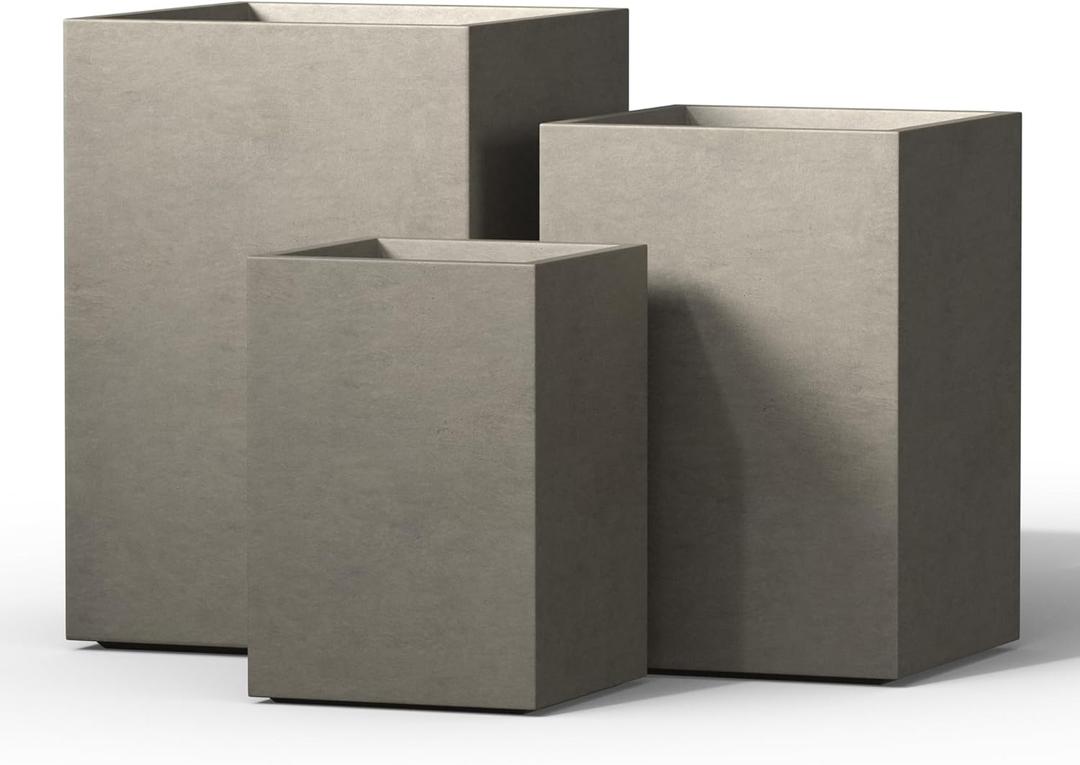 Kante Tall Rectangular Concrete Planter Set of 3 (12.6",15.7",18.5" Tall), Indoor & Outdoor Garden Pot for Tree, Flowers, Shurbs, Ideal for Patio, Garden, Porch, Weathered Concrete