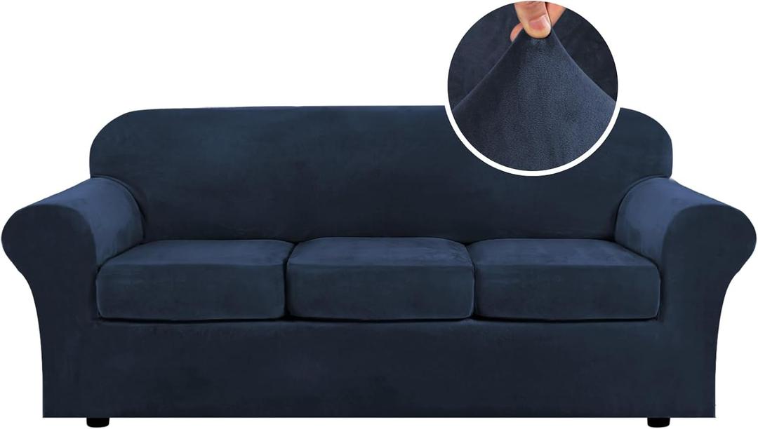 H.VERSAILTEX Modern Velvet Plush 4 Piece High Stretch Sofa Slipcover Sofa Cover Furniture Protector Form Fit Luxury Thick Velvet Sofa Cover for 3 Cushion Couch Width Up to 90 Inch (Sofa,Navy)