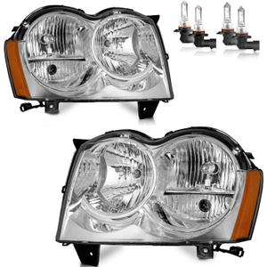 Headlights W/Bulbs for 2005 2006 2007 Jeep Grand Cherokee 4Dr | Halogen Headlamp Assembly Replacement Left & Right Side W/Bulbs, Chrome Housing