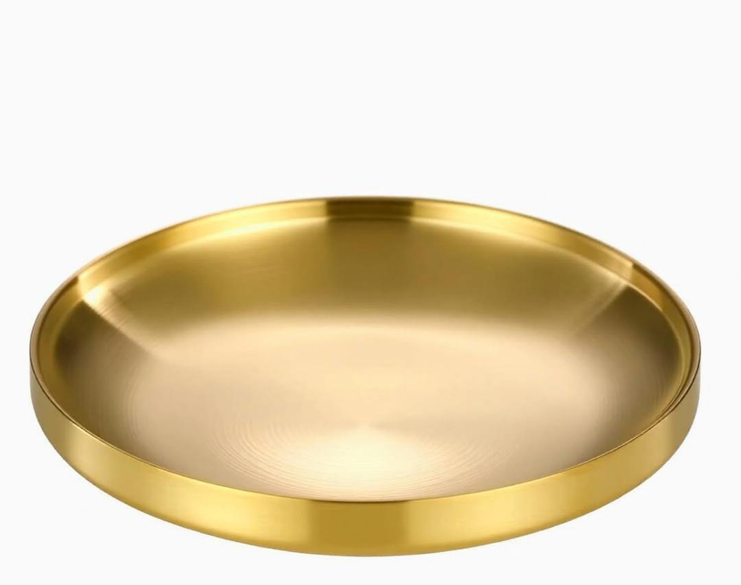 Gold Round Tray,Decorative Antique Bowl,Stainless Steel Fruit Bowl for Entryway Table Kitchen Counter,Jewelry Dish Candle Plate for Home,Dining Table,Shoe rack Decor (Gold, 9.06)