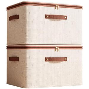 Storage Bins with Lids, Fabric Storage Boxes with Handles, Breathable Cotton Linen Clothes organizing Box for Wardrobe, Closet (2-middle)