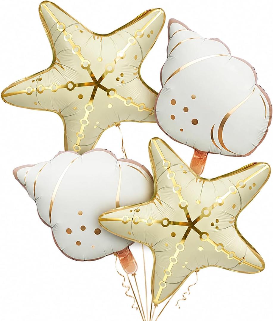 2 x 4Pcs Starfish & Conch Shell Balloons, Large Starfish Conch Balloons, Gold Foil Ocean Themed Balloon for Mermaid Birthday, Under The Sea Party, Beach Pool Swim Party Decorations