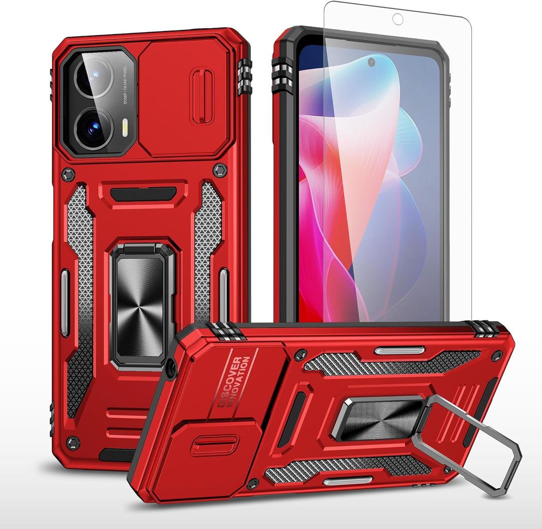 Asuwish Phone Case for Motorola Moto G04/G04s/G24/E14 4G with Tempered Glass Screen Protector and Slide Camera Cover Magnetic Ring Holder Kickstand Accessories GO4 G 04 04s 24 E 14 Women Men Red