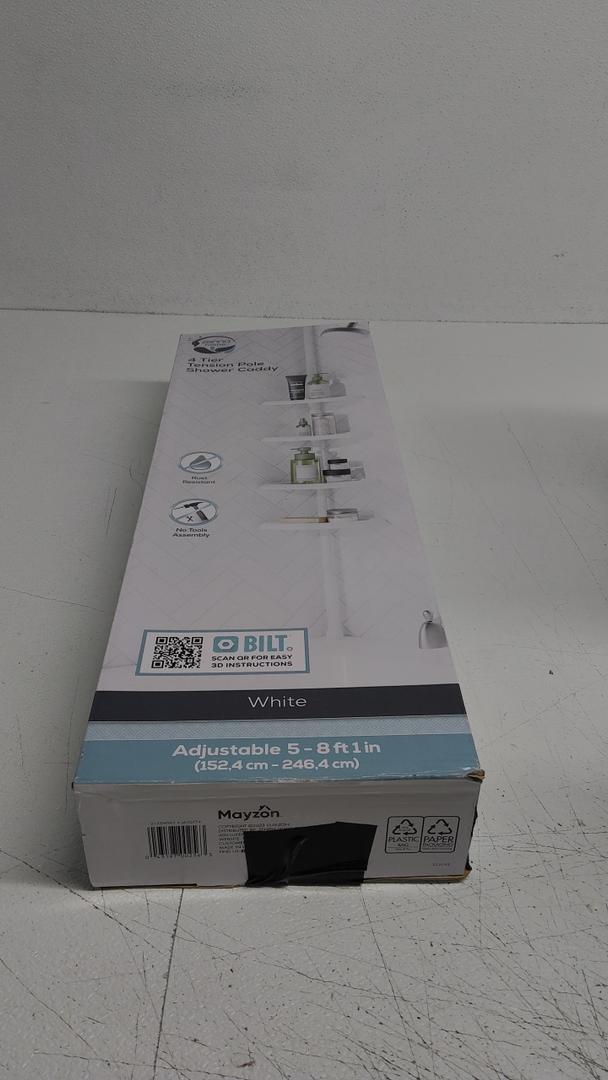 4 Tier Tension Pole Shower Caddy Plastic Corner Pole Adjustable Shelves 5-8ft White