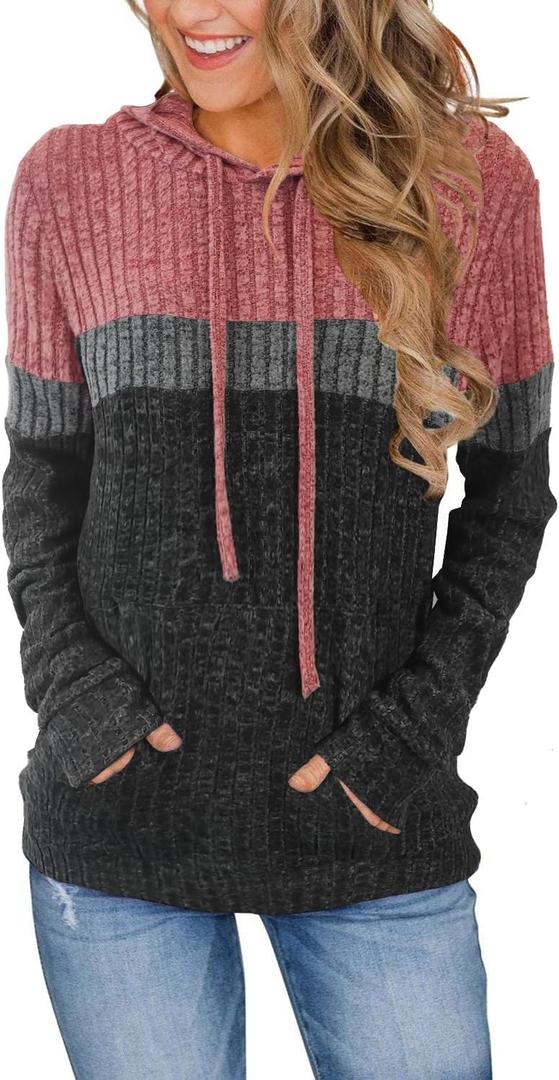 MixShe Womens Color Block Knit Hoodie  Casual Long Sleeve Pullover Sweater Tops with Pocket (Small, Lightred Gray)