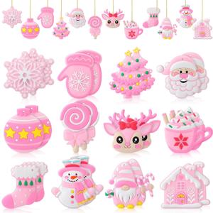 24 Pcs Pink Christmas Ornaments PVC Pastel Ornaments for Christmas Tree Santa Claus Gingerbread House Gnomes Xmas Baubles Winter Decorations for Xmas Tree Party Holiday Decor
