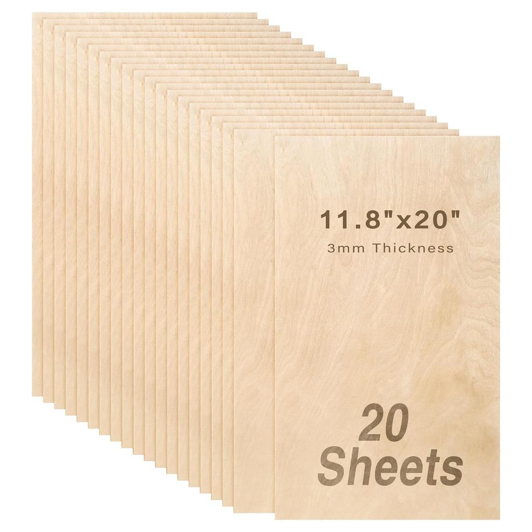 Baltic Birch Plywood 1/8x11.8x20 Inch 3 mm Thickness Wood for Laser Cutting and DIY Crafts Rectangle Wood Sheet - 20 Pack