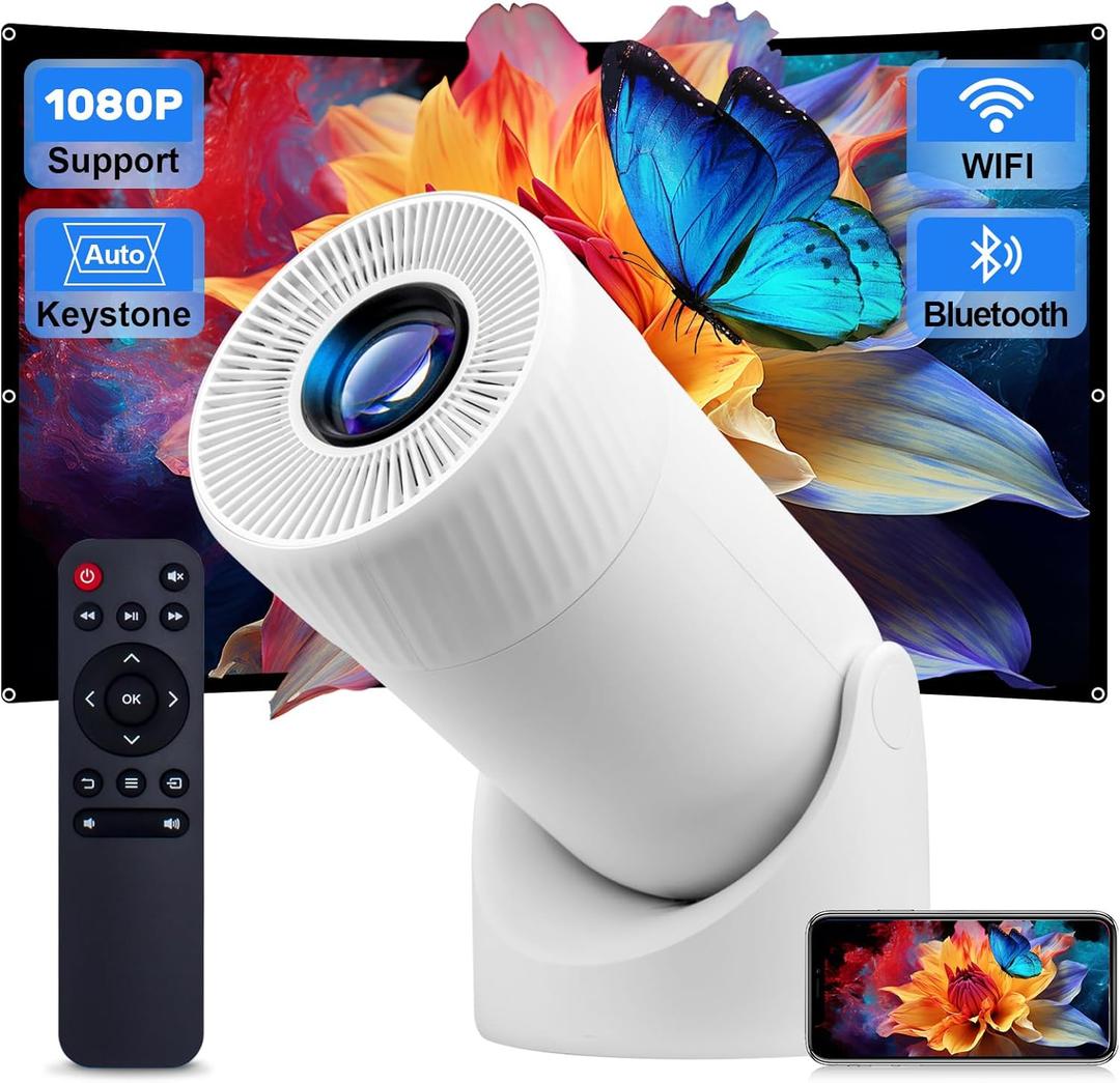Mini Projector Supports 4k, Wifi, Bluetooth, and 180 Degree Rotation Built in Speaker Connects to Phone iPhone/Android/TV Stick, Outdoor Projector
