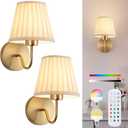 Vintage Battery Operated Wall Sconces Set of 2, Pleated Fabric Shade Gold Wall Lamp with Remote Control, Cordless Rechargeable Wall Sconces Fixtures for Bedroom, Living Room, Beside (2 Bulbs Included)