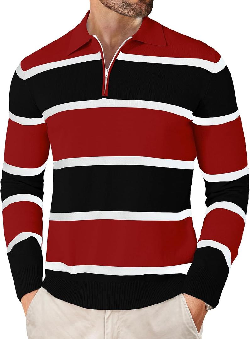 EDITCOZY Men Casual Polo Shirts Vintage Striped Golf Shirts Knit Rugby Shirt Lightweight Polo Sweater (M)
