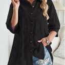 Falechay Women Tops with 3/4 Puff Sleeve, Floral Eyelet Embroidered Blouses, Button Down Shirts for Casual Relaxed Fit & High-Low Hem, Summer Spring Fall Black XL