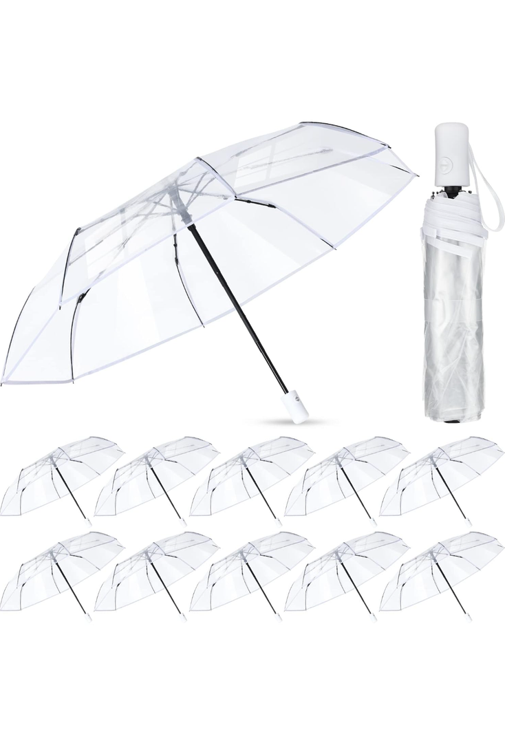 Sanwuta 12 Pcs Transparent Folding Umbrella Full Automatic Clear Foldable Auto Open Close Umbrellas for Rain Wedding