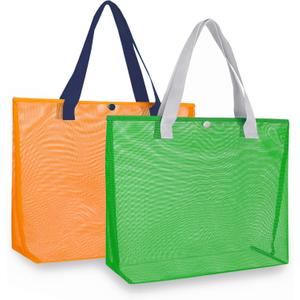 2Pack Large lightweight Simple Mesh Beach Tote Bag With snap Button Reusable Pool Bag for Outdoor Travel Shopping Gym (Orange+green)