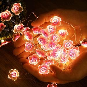 Queekay 1 Pack Flower String Lights, 13 Feet 40 LEDs Battery Operated Fairy Pink Cherry Blossom Lights for Girls Bedroom Indoor Outdoor Wedding and Valentines Day, Pink