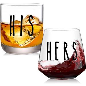 His and Hers Drinking Glasses Set Of 2, Wedding Gifts for Couples, Bridal Shower Gifts, Mr and Mrs Gift, Anniversary, Engagement Couple Drinking Glass for Him Her