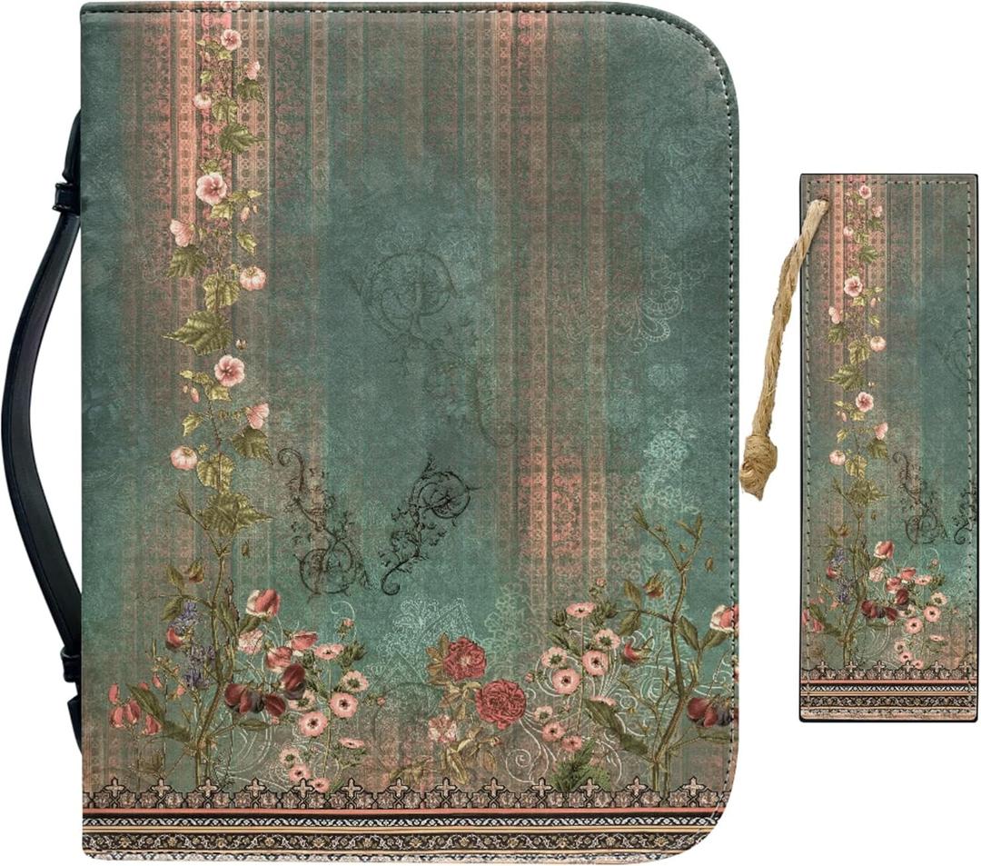 Large Bible Cover Case for Women Men Boho Floral Leather Bible Case with Bookmark Church Bag Book Carrying Case Green (L-11*8*2 inches)