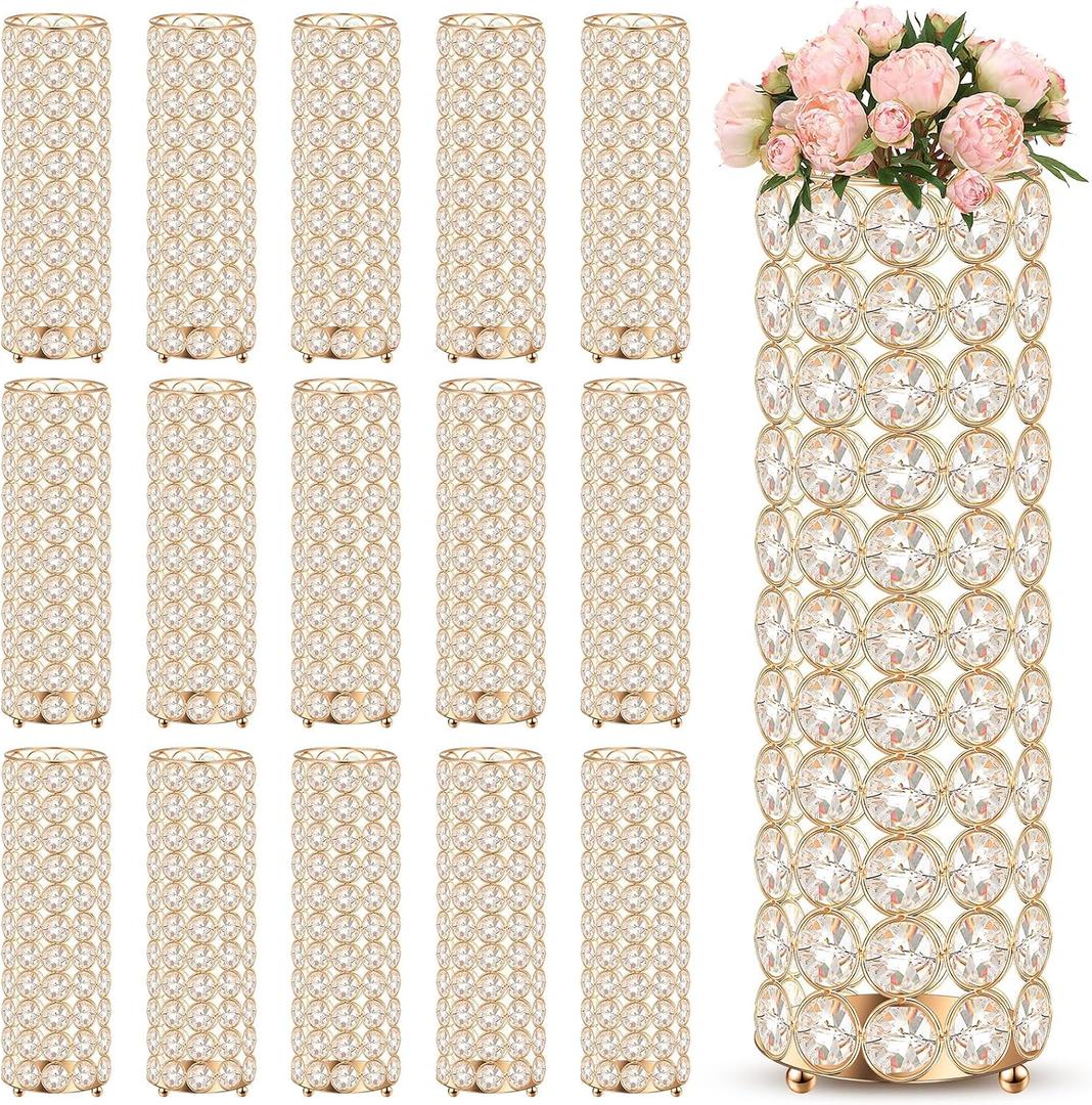 Dandat 16 Pcs Crystal Flower Vase and Pillar Candle Holder Set 10.24 Inch Wedding Cylinder Flower Vases Stand Table Centerpieces Candle Holders for Table Room Home Wedding Party Events Decor(Gold)
