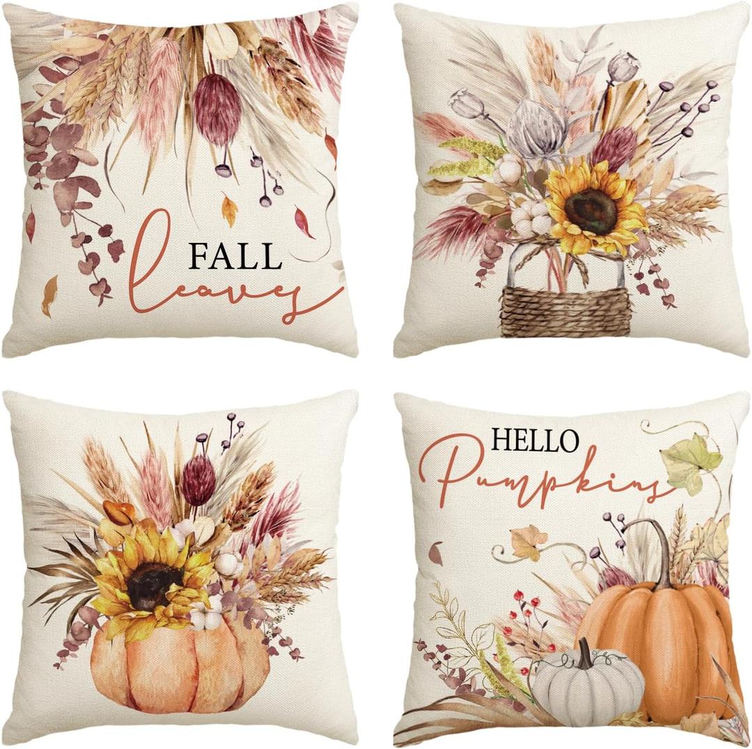 AVOIN colorlife Fall Pumpkin Wheat Cotton Jar Autumn Thanksgiving Throw Pillow Covers, 18 x 18 Inch Seasonal Cushion Case for Sofa Couch Set of 4 (Orange)