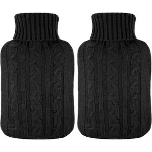2 Pieces Hot Water Bottle Cover Soft Cover Only Knitted Hot Water Bottle Sweater for Winter Compress and Cold Therapy, Menstrual Cramps, Neck, Shoulder Pain Relief(Black)