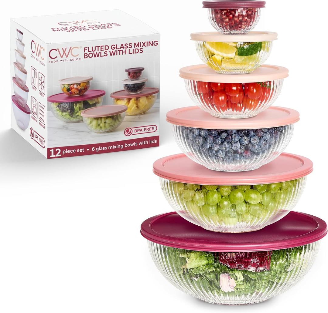 COOK WITH COLOR 12 Pc Glass Mixing Bowl Set with Lids  Borosilicate Glass Nesting Bowls for Cooking, Baking and Meal Prep, Fluted Rose