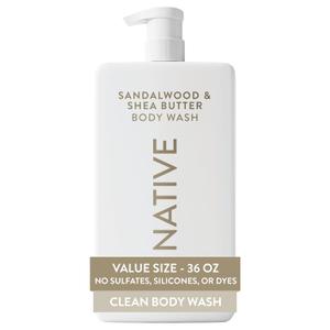 Native Body Wash for Women & Men, Sandalwood & Shea Butter, 36 oz Pump Bottle, Sulfate-Free & Gentle