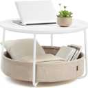VASAGLE LILEA Collection - Coffee Table with Storage, Round Center Table for Living Room with Fabric Basket, Modern Style, Metal Frame, Matte White and Camel Brown ULCT244W10