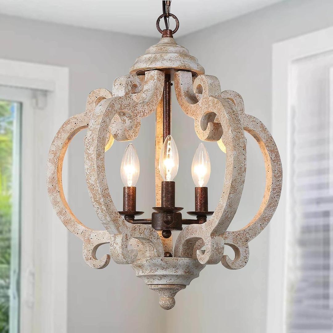 Farmhouse Wood Chandelier, 3-Light Rustic Orb Pendant Lights Kitchen Island, 15.5'' Distressed Wood Cottage Chandeliers Hanging Light Fixture for Dining & Living Room, Bedrooms, Foyer, 15.5'' D x 19'' H