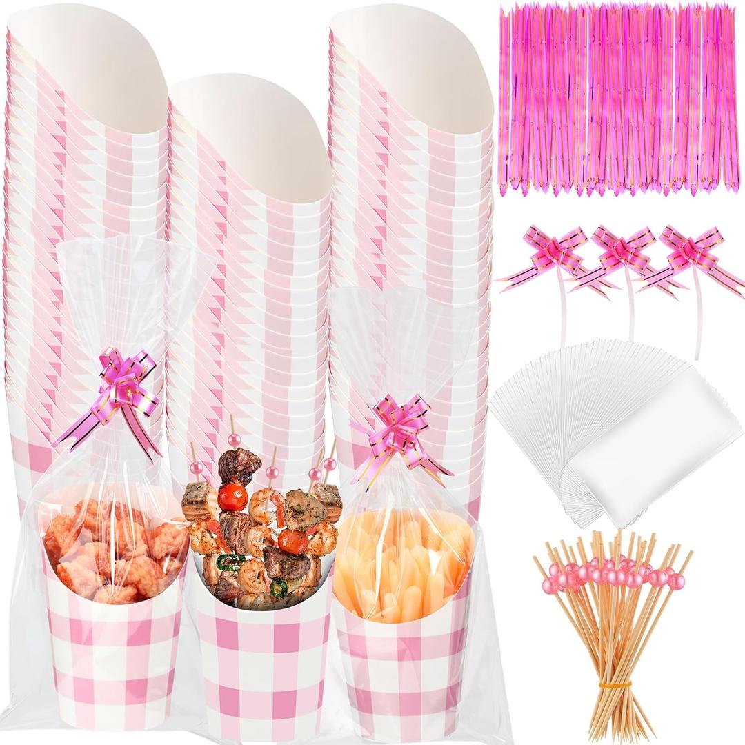Bokon 100 Set Valentine's Day 14 oz Charcuterie Cup with Stick and Bag, Disposable Pink French Fries Snack Popcorn Dessert Fruit Holder for Birthday Wedding Valentine's Day Party Supplies