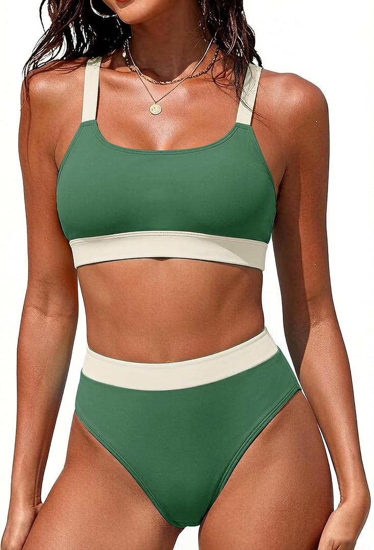 ZINPRETTY Women High Waisted Bikini Sets Color Block Swimsuits 2 Piece Bathing Suits Tummy Control Sporty Teens (Green, L)